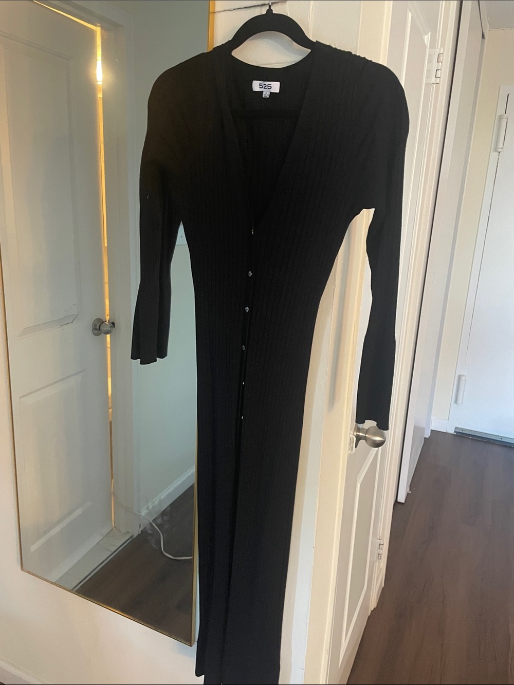 525 America Black Ribbed Button-Front Long Sleeve Maxi Dress